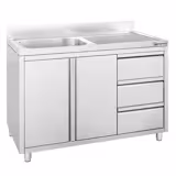 Dřezová skříňka ECO - nerezová ocel - 1200x700 mm - se 3 zásuvkami - křídlové dveře - s odkapávací plochou vpravo - s 1 dřezem vlevo