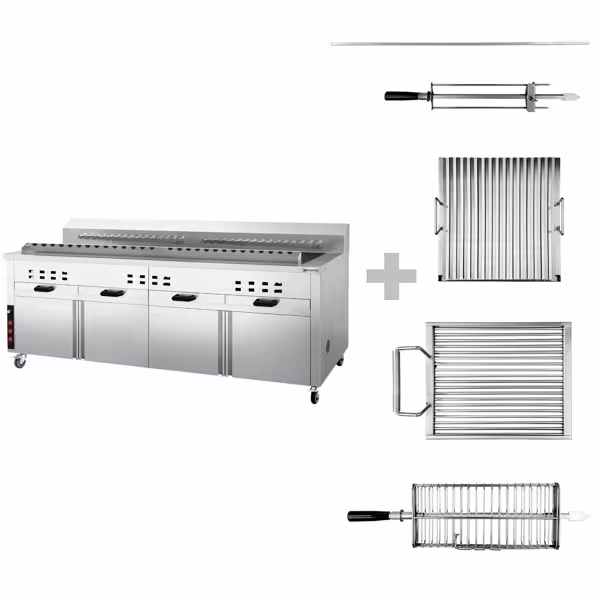 Mangal Charcoal Grill - 2000mm - with cabinet base - for Adana & Shish Kebab - 30 automatic rotating skewers