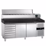 Ψυγείο πίτσας με πάγκο γρανίτη PREMIUM - 2025x800 mm - με 2 πόρτες & 7 συρτάρια - με επικαθήμενη βιτρίνα σαλατών - 10x GN 1/4
