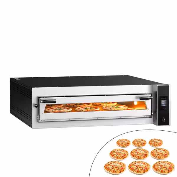 Elektrisk pizzaugn (el-däck/box) - med chamottesten - 1340x1270 mm - 9 x Ø 35 cm - 1‑däck - upp till 400 °C - Digital