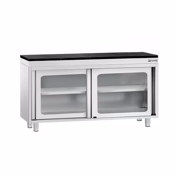 Roestvrijstalen werkkast PREMIUM - 1400 x 700 mm - met glazen schuifdeur - incl. granieten werkblad