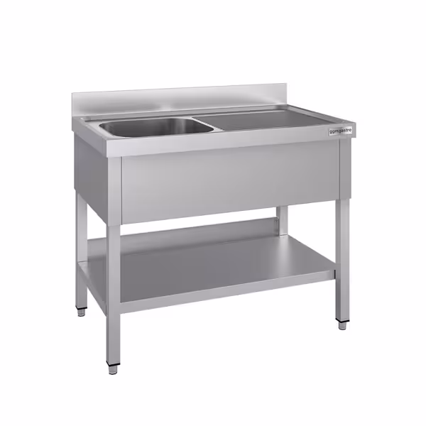 Diskbänk i rostfritt stål ECO - 1200x600 mm - med underhylla - 1 ho vänster - med stänkskydd