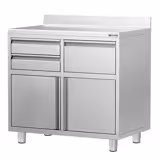 Commercial Coffee Station Cabinet - 1000x600mm - with 2 Drawers, 1 Door, 1 Tilting Knockout Drawer - with Rear Upstand