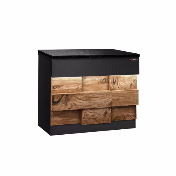 Stolik kasowy TORONTO stal nierdzewna - 900x880mm - Panel przedni Czarny - Front drewniany - Blat roboczy Czarny granit