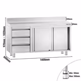 Szafka robocza ze stali nierdzewnej PREMIUM - 1400x600mm - z drzwiami suwanymi, 3 szuflady po lewej stronie, z rantem