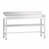 Mesa de trabajo de acero inoxidable mural PREMIUM - 1500x800mm - con estante inferior y peto trasero y refuerzo omega