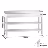 Nerezový pracovní stůl PREMIUM - 1500x600 mm - se spodní policí & se zadním lemem & s mezipolicí & s vyztuženou pracovní deskou