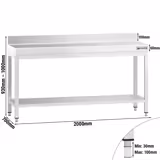 طاولة عمل ستانلس ستيل PREMIUM - 2000x700mm - مع رف سفلي & حاجز خلفي