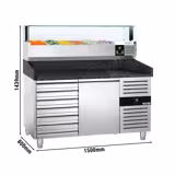 Table réfrigérée à pizza PREMIUM - 1500x800 mm - avec 1 porte & 7 tiroirs - incl. vitrine réfrigérée LED - 5x GN 1/3 + 1x GN 1/2