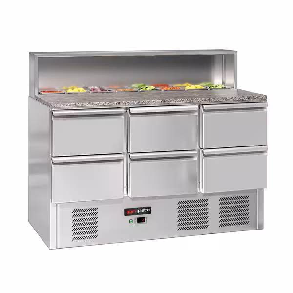 Commercial Saladette Counter ECO - 1368mm - 402L - 6 drawers - open top for 8 x GN 1/6 & stainless steel hinged lid