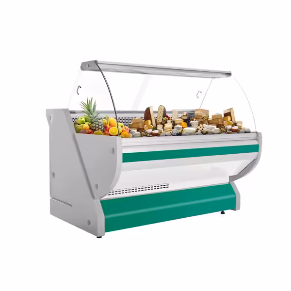 Banco gastronomia professionale / Banco Macelleria - 1725x1150mm - Statica - 340 L - Vetro curvo - Colore Verde - con frontale in vetro - piano di lavoro in granito