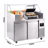 Commercial Refrigerated Prep Table PREMIUM – Glass Top – 2 Doors – 1210 mm – for 9× GN 1/6 – Includes contact grill (cast‑iron plates)