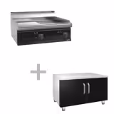 Plancha électrique - plaque acier - 2 zones - 13,8 kW - 1/2 lisse, 1/2 rainurée - Surface de cuisson : 795x535mm - incl. soubassement avec 2 portes