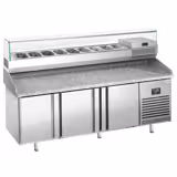 Table réfrigérée à pizza Premium PLUS - 1980 x 700 mm - avec 3 portes - incl. vitrine réfrigérée de présentation - 9x GN 1/4