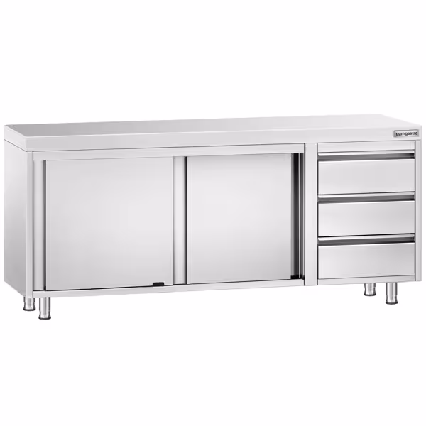 Gesloten RVS werktafel KOPENHAGEN PREMIUM - 2000x700mm - met schuifdeuren, 3 laden rechts