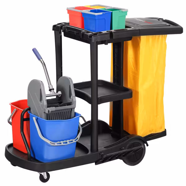 Carrinho de limpeza - com 6 recipientes, espremedor de esfregonas e saco de roupa suja - Preto