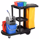 Janitorial Cleaning Trolley - Open - with 6 lidded boxes, laundry bag - Black