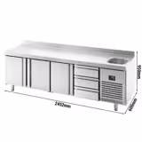 Table réfrigérée Premium PLUS - 2452 x 600 mm - avec 1 bac, 3 portes, 3 tiroirs - dosseret