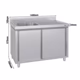 Fregadero industrial con mueble de acero inoxidable ECO - 1400x700mm - con 1 seno izquierdo - puertas correderas - con escurridor derecha - con estante inferior - con peto trasero