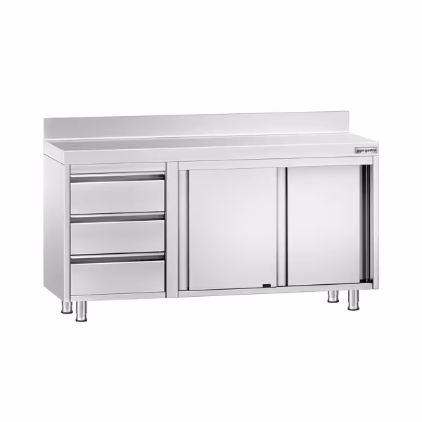 Mesa de trabalho PREMIUM - em Aço Inoxidável - 1,4 m - com 3 gavetas á esquerda e rebordo posterior