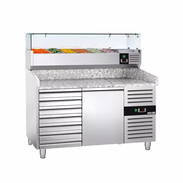 میز یخچالی اکونومی پیتزا - 1500*800 میلیمتر - 1 درب و 7 6xGN 1/3 - کشو - همراه ویترین رومیزی خنک کننده