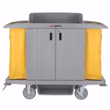 Chariot d’étage hôtelier - avec portes - 2 sacs à linge, 1 plateau supérieur avec rebord et 6 compartiments, 3 étagères inférieures - cadre en polypropylène - Gris