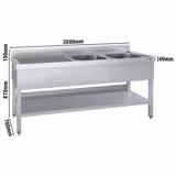 Fregadero de acero Inox. con estante inferior ECO - 2,0 m - 2 fregaderos a la derecha - L 60 x A 50 x P 30 cm - con estante inferior