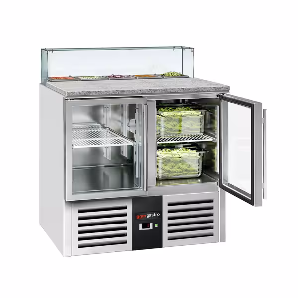 Saladette PREMIUM - 900mm - 240L - 2 portas de vidro - com vitrine de vidro para 5x GN 1/6