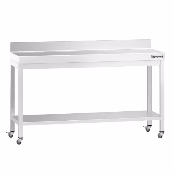 Edelstahl Arbeitstisch PREMIUM - 1600x700mm - mit Grundboden, Aufkantung & Rollen