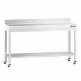 Edelstahl Arbeitstisch PREMIUM - 1600x800mm - mit Grundboden, Aufkantung & Rollen