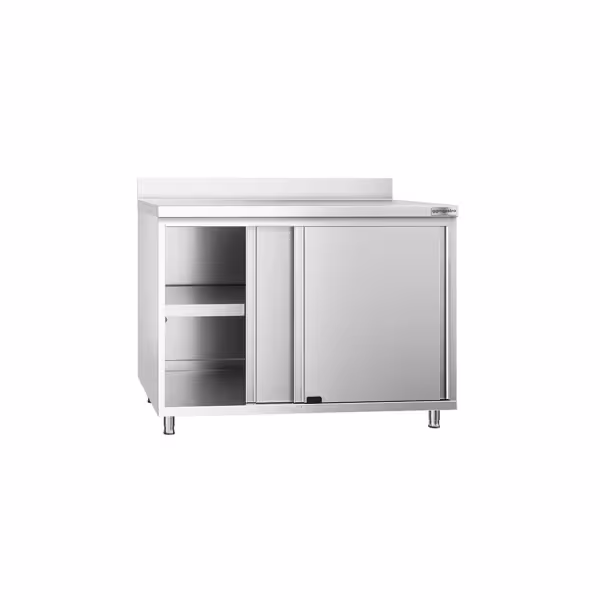 Dulap de lucru din oțel inoxidabil PREMIUM – 1000 x 600 mm – cu ușă glisantă și rebord