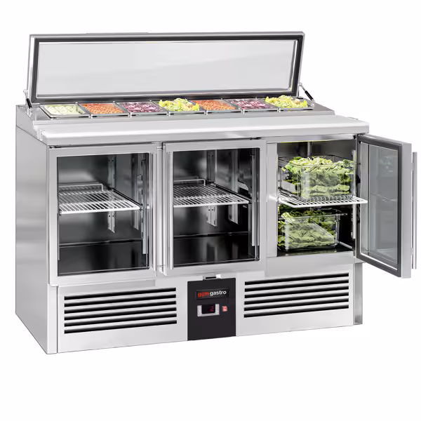 Saladetă PREMIUM - 1365 mm - 3 uși din sticlă - cu vitrină ingrediente din sticlă dreaptă pentru 7x GN 1/3