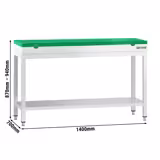 Mesa de trabalho em aço inoxidável PREMIUM - Profissional - 1400x700mm - com prateleira inferior & com travessas de reforço - incl. Tábua de corte Verde