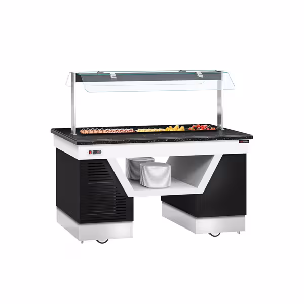 Banco buffet professionale refrigerato BELFAST - 1600mm - con piano refrigerato - su ruote - Nero - Self Service