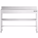 Mesa mural em aço inox AISI 304 PROFISSIONAL PREMIUM - 1400x700mm - com prateleira inferior & rebordo traseiro & prateleira intermédia & travessas de reforço