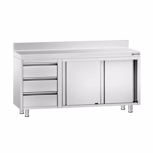 Mesa de trabalho PREMIUM - em Aço Inoxidável - 1,6 m - com 3 gavetas á esquerda e rebordo posterior