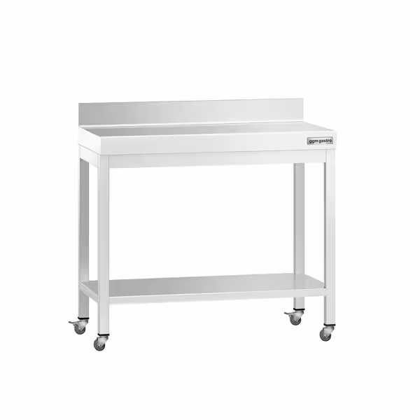 Table de travail en inox PREMIUM - 800 x 700 mm - avec tablette inférieure, dosseret et roulettes