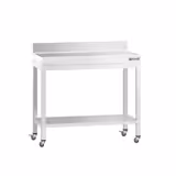 Edelstahl Arbeitstisch PREMIUM - 800x600mm - mit Grundboden, Aufkantung & Rollen