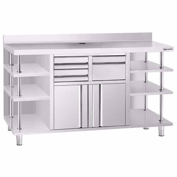 Arbeitsschrank - für Kaffeemaschine - 2450x600mm - mit Ausklopfer, 2 Schubladen, 2 Türen & Aufkantung