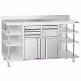 Table armoire en acier inoxydable - 2450x600mm - avec portes battantes et 2 tiroirs - avec dosseret - pour cafetière à filtre (machine à café)
