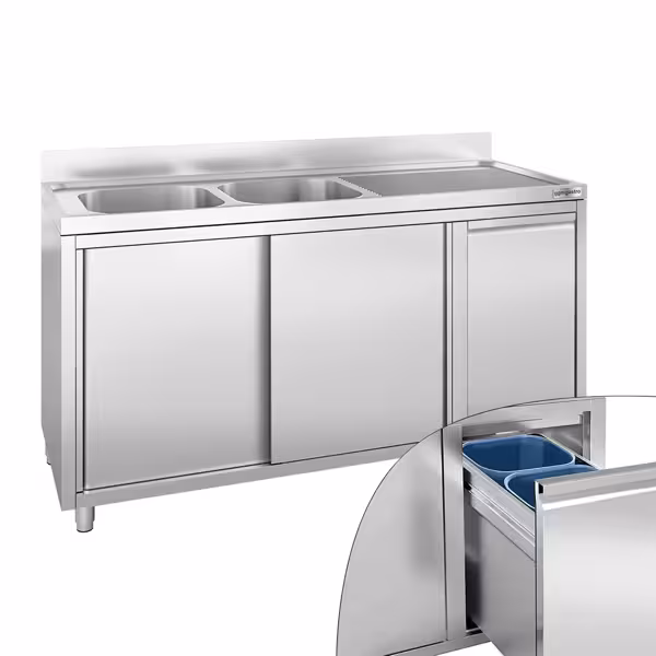 Chiuvetă tip dulap - din oțel inoxidabil - 2,0 m - 2 cuve pe stânga