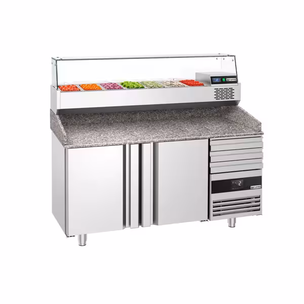 Commercial Pizza Prep Counter - Granite Top PREMIUM - 1600x800mm - with 2 doors & 3 drawers - incl. refrigerated topping unit with glass sneeze guard - 6x GN 1/3