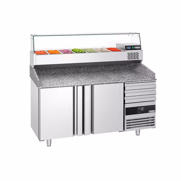 Pizzawerkbank PREMIUM - 1600x800mm - met granieten werkblad - met 2 deuren & 3 laden - incl. glasvitrine - 6x GN 1/3