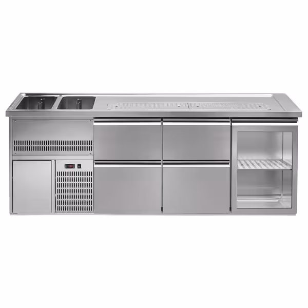 Direct Draw Beer Dispenser / Kegerator 1 Glass Door + 4 Drawers PREMIUM – 2 sinks left - 2500×700 mm - 3 drip trays