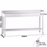 Tavolo da lavoro in acciaio inox PREMIUM - 2000x800mm - con ripiano inferiore & alzatina & traversi di rinforzo