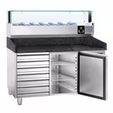 Table réfrigérée à pizza PREMIUM - 1500x800 mm - avec 1 porte & 7 tiroirs - incl. vitrine réfrigérée LED - 5x GN 1/3 + 1x GN 1/2