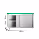 Armoire de travail en acier inoxydable PREMIUM - 1400x800 mm - avec porte coulissante, sans rebord, incl. planche à découper verte         