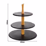 Kínáló állvány - 3 szintes - kerek - favázas - pala tálcák