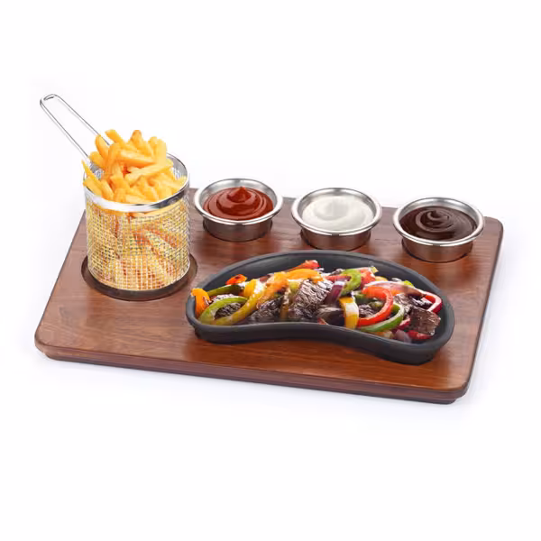 Serveerset - Fajita - 6-delig set - gietijzer pan | RVS AISI 304 kommetjes en frittierkorf | MDF serveerplaat - 350x260mm - anti-aanbak