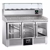 Commercial Pizza Prep Counter - Granite Top PREMIUM - 1400x700mm - with 3 glass doors - incl. refrigerated topping unit with glass sneeze guard - 6x GN 1/4
